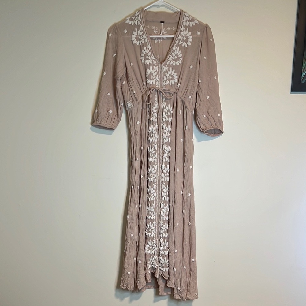 Free people Boho Tan Maxi Dress with White Embroidery